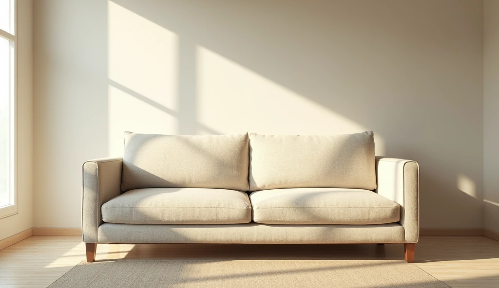 Sofá de tela beige limpio y recuperado tras limpieza con inyección-extracción